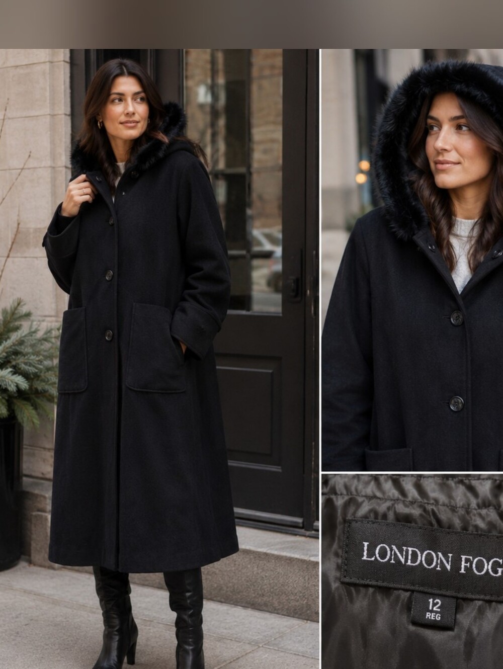 London Fog Black Long Hooded Coat Faux Fur Trim Size 12